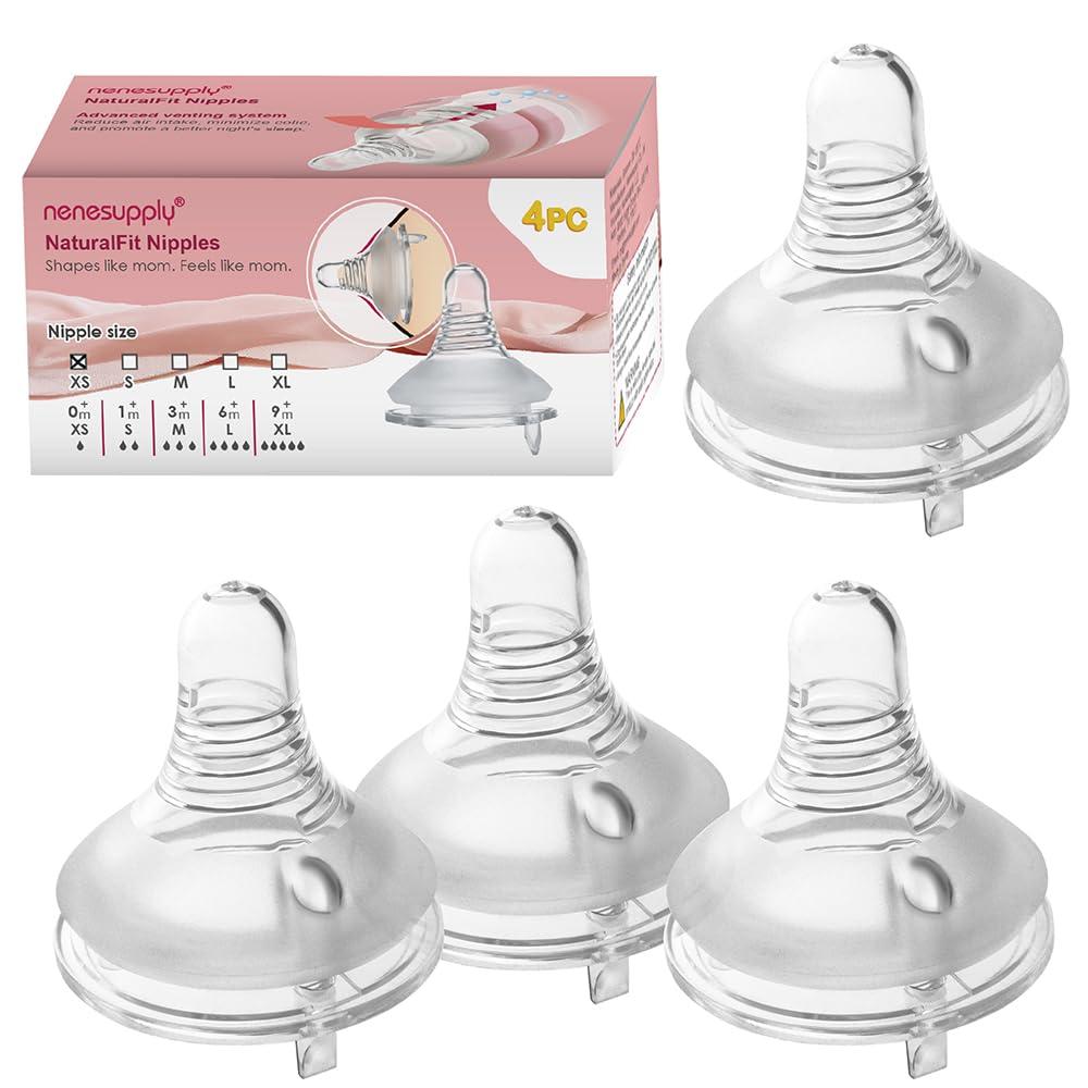 Nenesupply 4pc NaturalFit Baby Bottle Nipples Level 1 Flow 1 Size XS for 0 Month+ New Born Babies. New Born Flow Wide Neck Anti Colic Vented Valve Work with Nenesupply Bottles Lansinoh Spectra Bottles