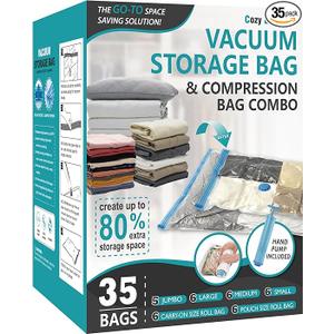 Cozy Essential 35 Pack Vacuum Storage Bags, Space Saver Bags (5 Jumbo/6 Large/6 Medium/6 Small/6 RollM/6 RollS) Compression for Comforters and Blankets, Pillow, Bedding, Sealer Clothes Storage