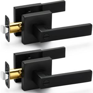 2 Pack Matte Black Door Handles Privacy Door Levers, Heavy Duty Bed and Bath Door Locks Interior Door Knobs, Reversible Keyless Flat Levers with Square Rosette