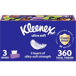 Kleenex Ultra Soft Facial Tissues, 3 Flat Boxes, 120 Tissues per Box, 3-Ply (360 Total), Packaging May Vary (White)