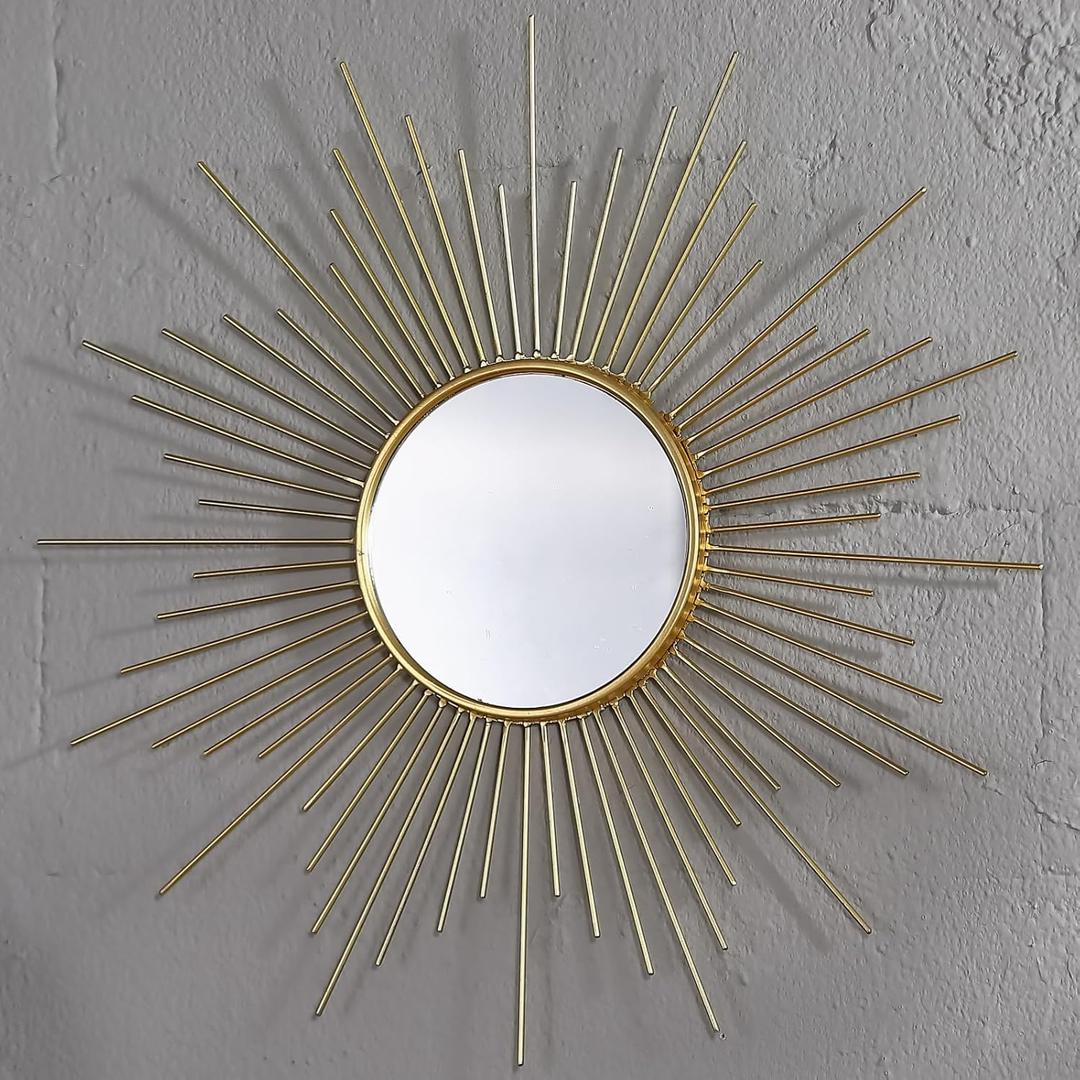 24'' Large Gold Sunburst Mirror, Metal Starburst Mirrors, Mid-Century Modern Sun Mirror Wall Decor for Living Room, Bedroom, Bathroom, Hallway, and Entryway