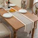 Table Runner, Boho Style with Tassels, Cotton & Linen, Farmhouse Home Decor for Living Room Dresser Scarfs (12x60Inch, Black & Beige)