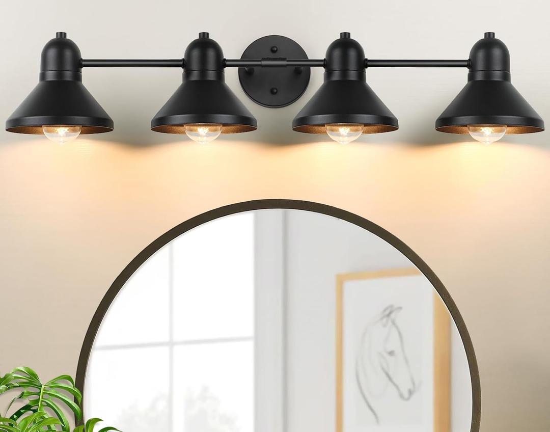 Bathroom Light Fixtures, 4-light Vanity Light Over Mirror, Matte Black Metal Bathroom Light, Modern Farmhouse Rustic Industrial Indoor Wall Mount Lighting Sconce for Living Room Cabinet Hallway
