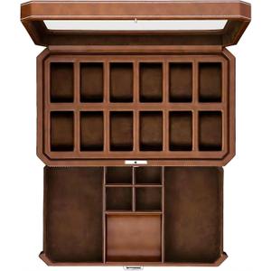 ROTHWELL 12 Slot Leather Watch Box with Valet Drawer - 12 Slot Luxury Watch Case Display Organizer, Microsuede Liner, Mens Accessories Holder, Jewelry Case, Jewelry Display Organizer (Tan/Brown)
