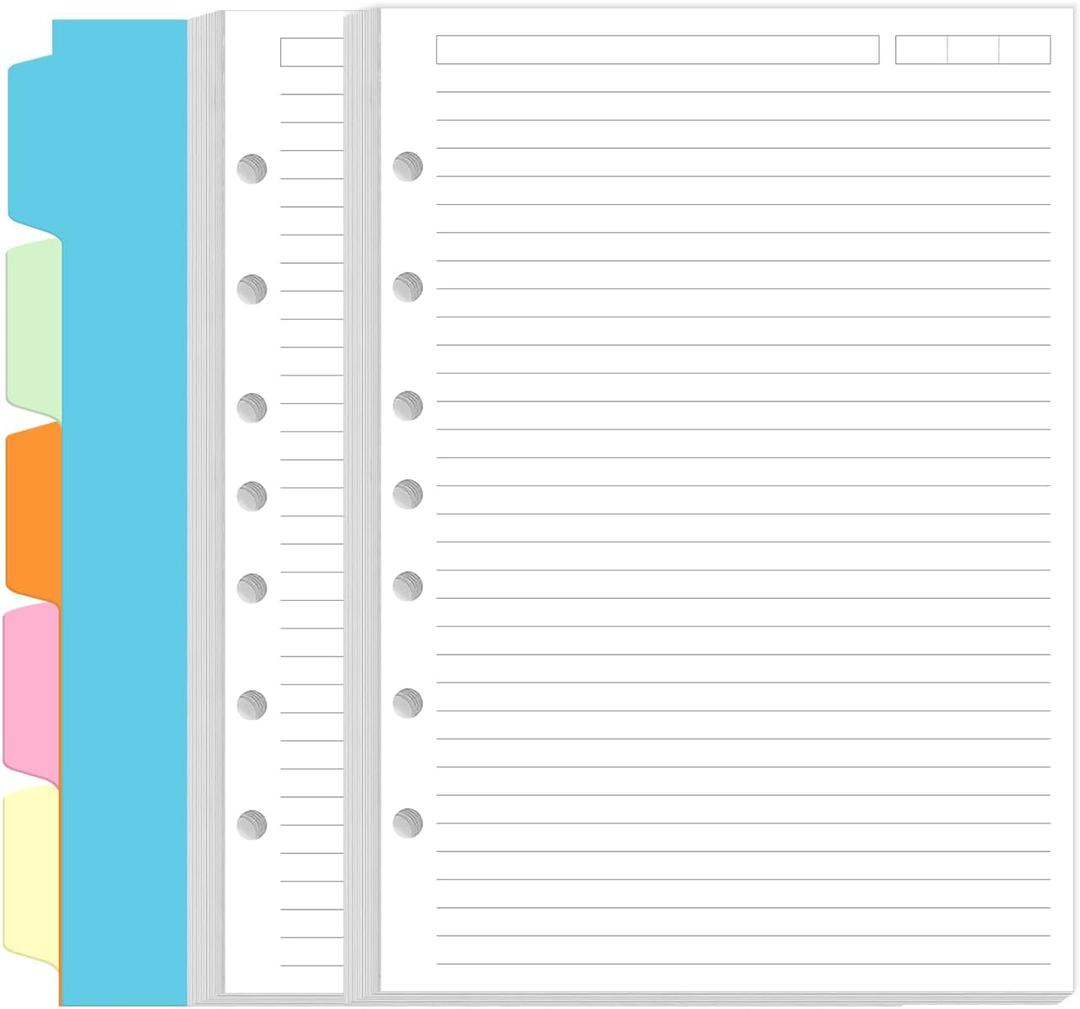 7-Hole Lined Paper Refills for Mini Binder - 100 Sheets/200 Pages 7 Ring Loose Leaf Lined Paper with Binder Dividers, 5.8" x 8.5"