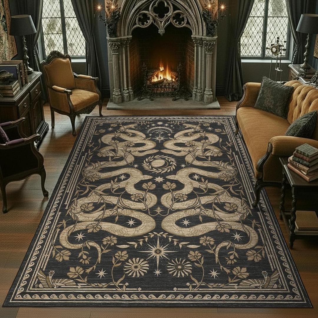 Snake Washable Rugs 6x9 Area Rug for Living Room Forest Soft Low-Pile Stain Resistant Thin Carpet for Bedroom Dining Nursery Non Slip Mat with Rubber Back Dark Grey
