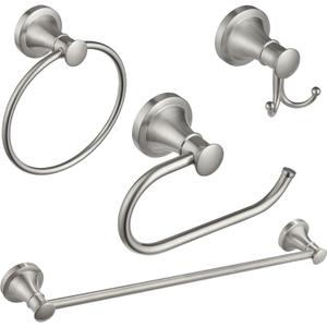 BESy Brushed Nickel 4 Piece Bathroom Accessories Set (Single Towel Bar, Towel Ring, Toilet Paper Holder, Double Towel Hooks), Wall Mounted Bath Hardware Accessory Fixtures Rack Set