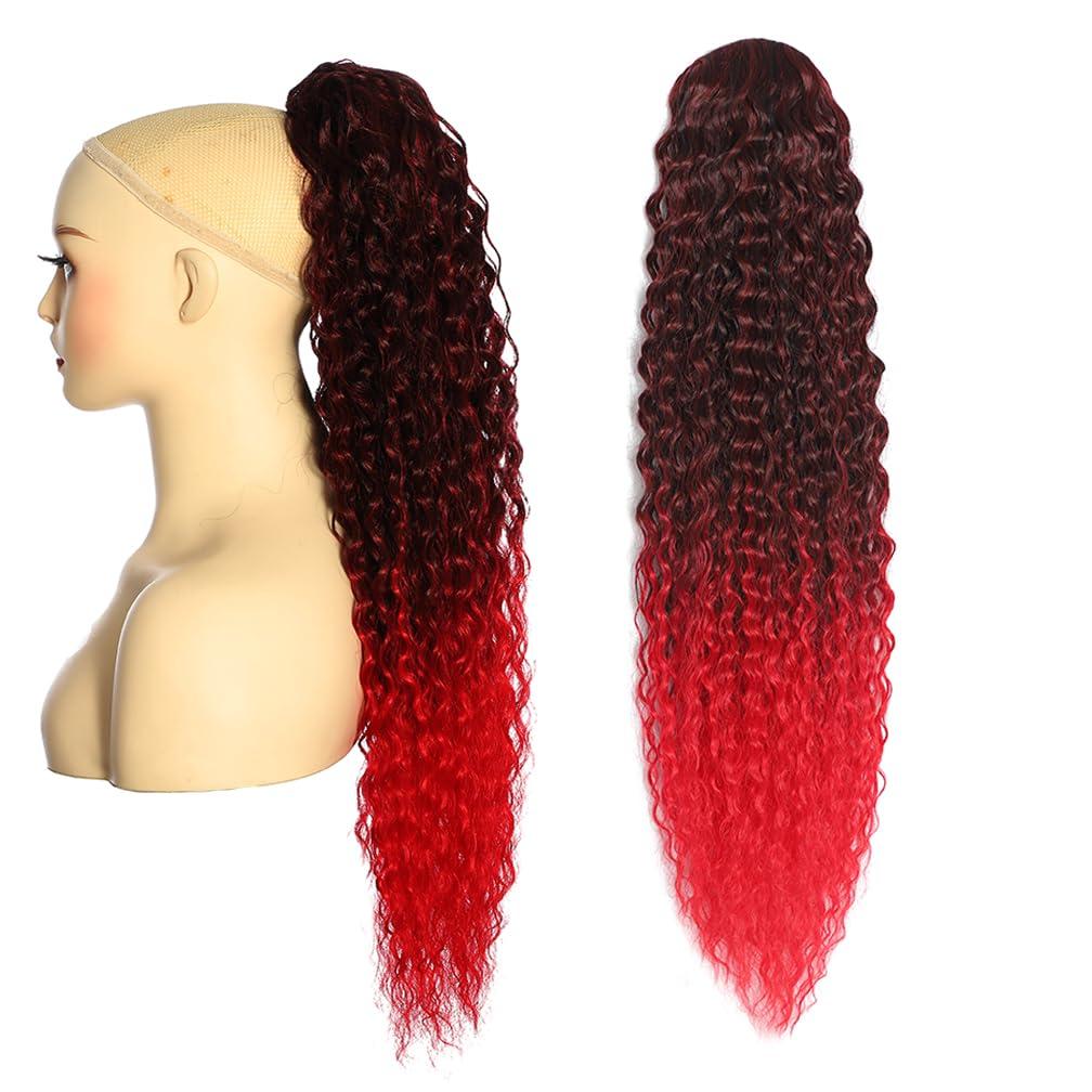 Deep Wave Ponytail Extension for Women 24 Inch Black to Red Curly Wavy Ponytail Hair Extensions Drawstring with Clips Short Synthetic Hairpiece for Daily and Party