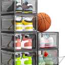 Thicken & Sturdy Clear Shoe Storage Organizer with Magnetic Door, Stackable Boxes for Closet, Foldable Shoe Rack for Sneaker Boot Container, Plastic Shoe Cabinet Shoe Box 6 Pack, Black