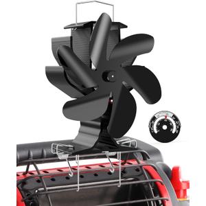 Wood Stove Fan for Heater, Heat Powered Fireplace 6 Blades Fan with Bracket Compatible for Buddy Heater,Thermal Tent Heater Fan for Camping Propane Heater with Magnetic Thermometer