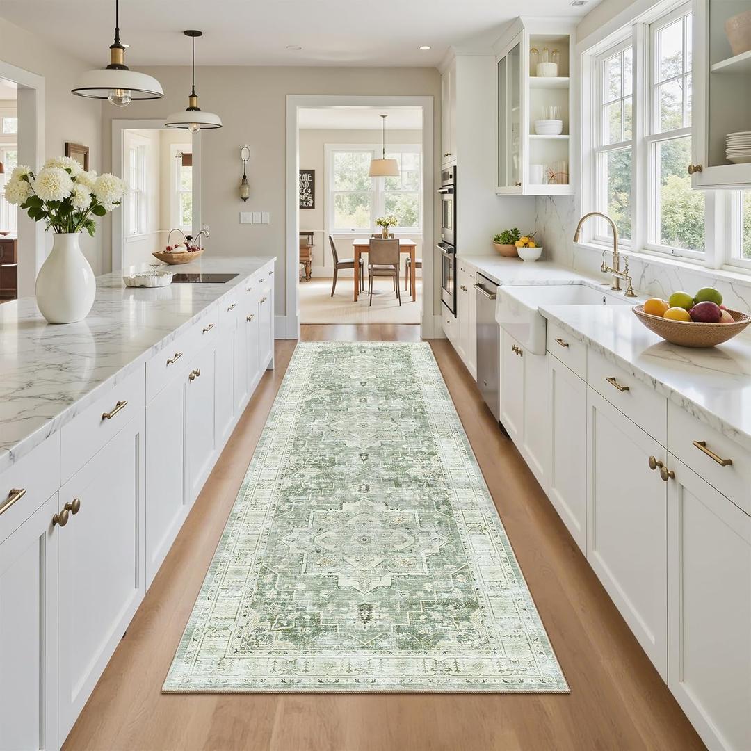 Madane Runner Rug 2x8, Washable Hallway Runner Rugs, Non-Slip Low-Pile Soft Kitchen Rug Runner Laundry Room Rug, Vintage Throw Entry Foyer Mat for Entrance Living Room (Green/Ivory, 2 x 8)