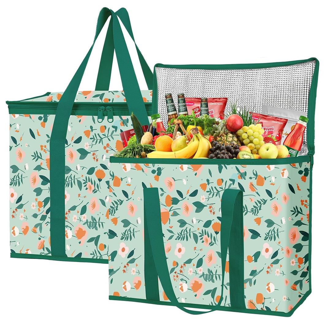 musbus 2-Pack extra Insulated Grocery shopping bag, large Green leaf, kitchen foldable reusable bags groceries,Sturdy zipper,Collapsible,tote,cooler,for transport women,Durable carrier (Spring Stroll)