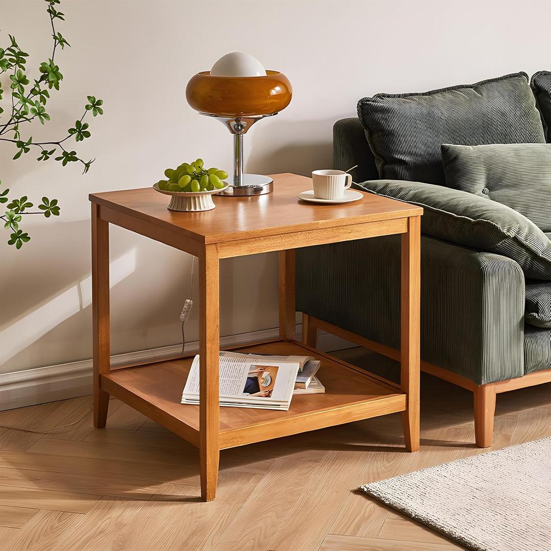 Side Table, Solid Wood Square End Table with Storage Shelf, 2-Tier Coffee Table for Living Room, Rubber Wood Small Sofa Table, Nightstand 23.62 H x 23.62 W x 23.62 D Inches (Natural)