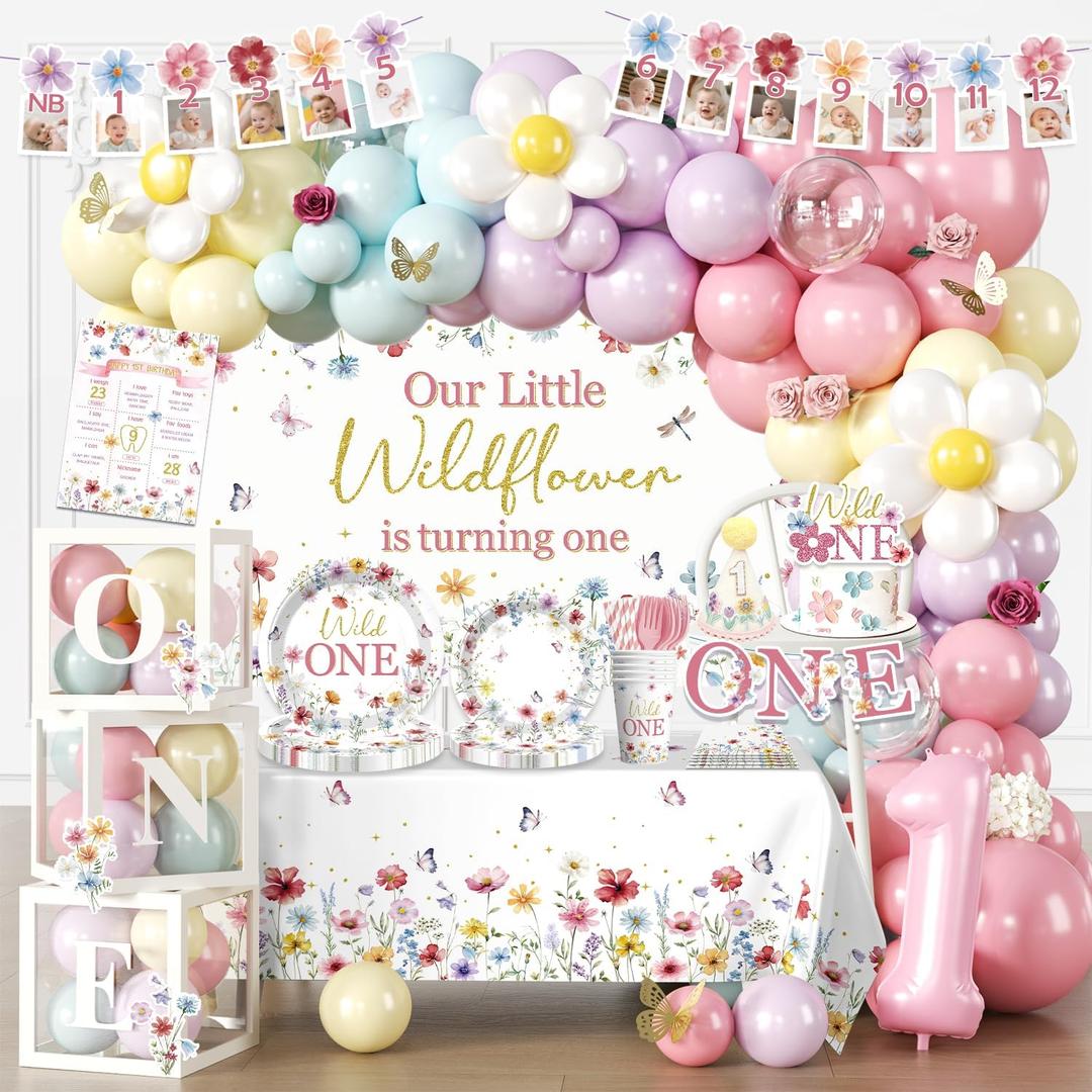 269pcs Wildflower 1st Birthday Decorations Girl, One-stop Set for 25 People, Includes 350gsm Plates Backdrop and Tablecloths, Suitable for Wild and Onederful 1st Birthday Girl