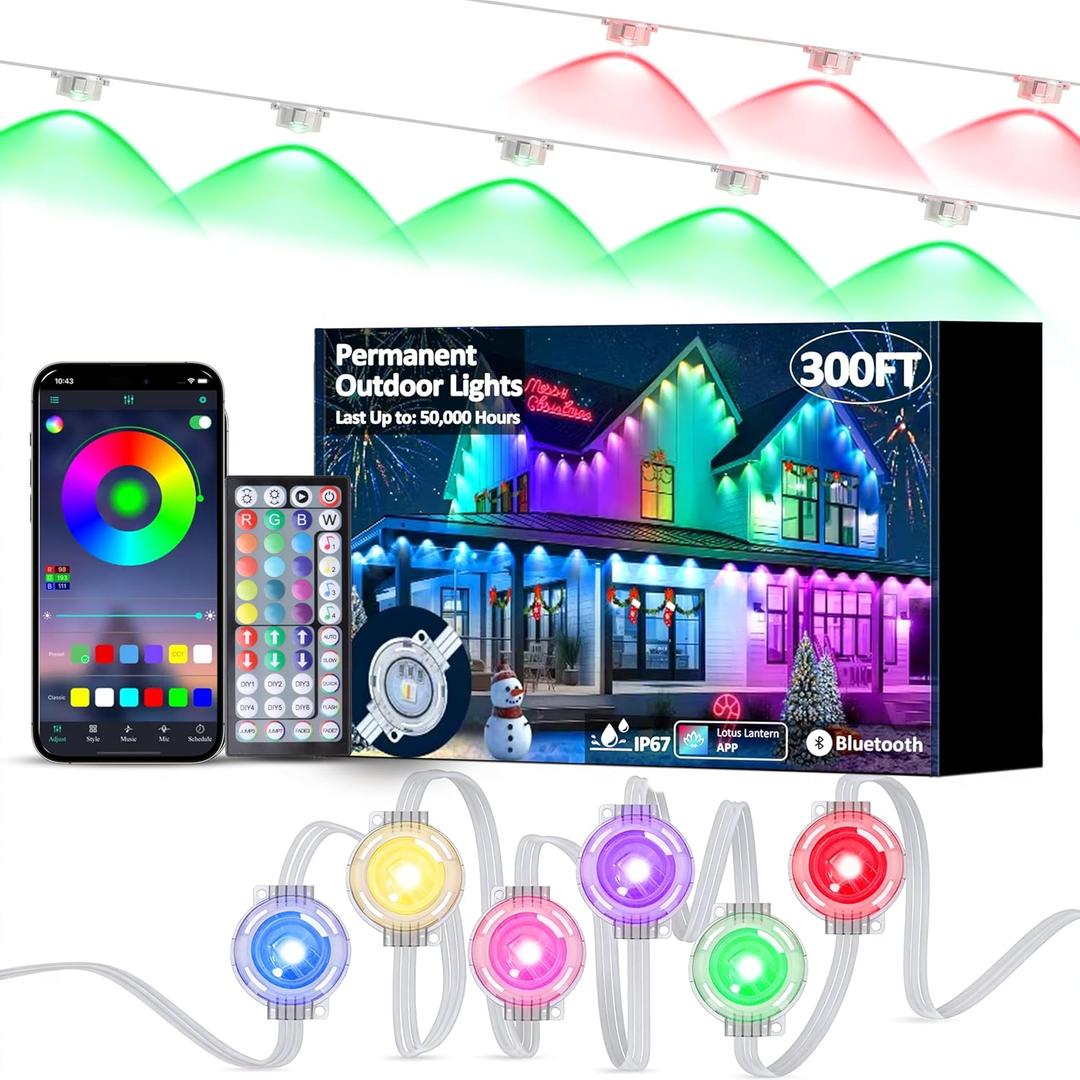 RGB Permanent Outdoor Lights, 300FT Smart LED Eaves Lights with APP & Remote Control, IP67 Waterproof Outdoor String Lights for Christmas, Halloween,Party, Garden, Patio, House Decor(2 Rolls of 150FT)