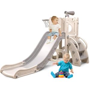 6 in 1 Toddler Playset with Slide,Toddler Slide,Slide for Kids with Basketball Hoop,Ball,Ring Toss,Kids Slide Toddler Playground Toddler Slide Indoor Outdoor Toys (White Grey)