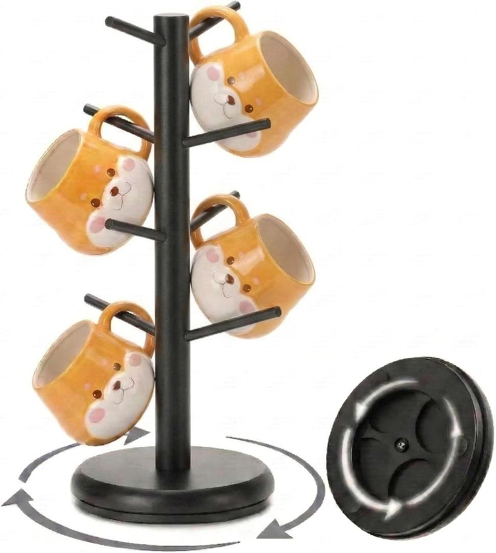 BAMBANG Coffee Mug Tree, 360 Rotating Bamboo Cup Holder Tree for Counter Top, Mug Rack with 8 Hooks, Mug Stand for Coffee Bar, Home, Black