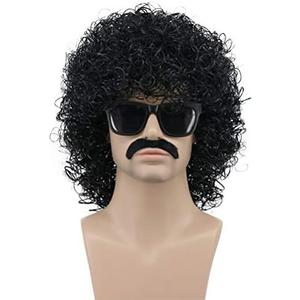 VGbeaty Adult Men Short Curly Black Rocker Wig With Mustache California Halloween Cosplay Anime Costume Wig