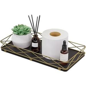 Lixple Toilet Paper Basket Holder, 13" Bathroom Tray Countertop, Wood and Metal Toilet Tank Tray Bathroom Vanity Organizer for Toiletry, Kitchen Sink Organizer for Soap Dispenser (Black + Gold)