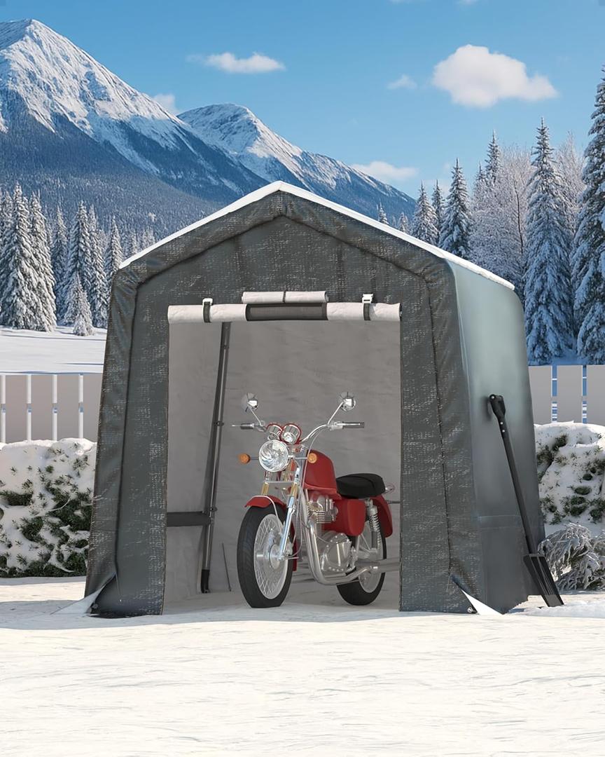 GarveeLife 6x6 ft Outdoor Portable Storage Shed with 2 Roll-Up Doors & Vents, 240G Heavy-Duty Shelter Waterproof PE Tarp, UV-Resistant Storage Sheds for Motorcycle, Firewood, Garden and Tools, Gray