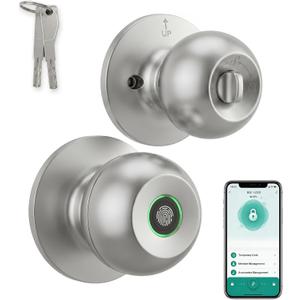 Smart Fingerprint Door Knob, Bedroom Door Lock with App Control, Silver | Bluetooth App Control, Auto-Lock, Keyless Fingerprint Entry and Backup Keys for Bedroom, Apartment and Interior Doors