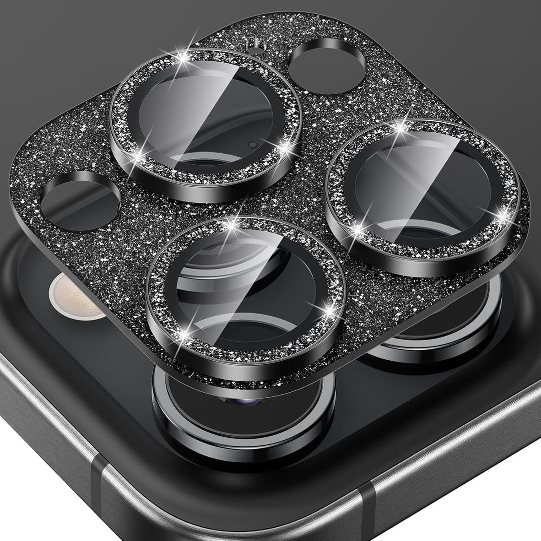 Tensea for iPhone 16 Pro/iPhone 16 Pro Max/iPhone 15 Pro/iPhone 15 Pro Max Camera Lens Protector, Metal Aluminum Alloy Tempered Glass Cover Camera Screen Protector Accessories, Case Friendly (Black Titanium Glitter)