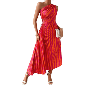 MakeMeChic Women's Casual Striped Cut Out One Shoulder Sleeveless High Waist Summer A Line Maxi Dresses XL