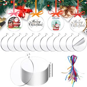 50 Pieces Christmas Hanging Ornaments Set 3''Christmas Ornament Acrylic Blank with 50Pcs 25 Color Ribbons for Christmas Tree DIY Decor