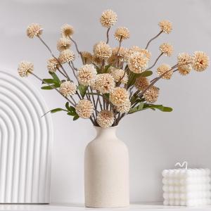 10 Pcs Fake Flowers, Artificial Mums with Long Stems, Beige Faux Pompon Mums Floral Arrangement, Champagne Plastic Flowers for Outdoor, Silk Dried Flowers Home Decor, Fall Decorations for Home Vase