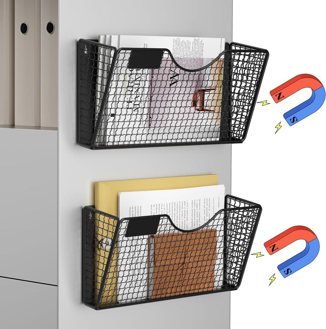 MFTEK Magnetic File Holder, 2 Pockets Magnetic File Folder Holder No Drilling Magnet Paper Mail Organizer Magazine Basket, Hanging Wall Storage Rack for Fridge Cabinets Office Classroom (Black)
