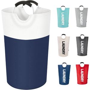 Twira 100L Large Laundry Basket, Laundry Hamper Stands Up Well, Laundry Bag with Padded Handles, Waterproof Clothes Bin Collapsible, Clothes Hamper for Bathroom, Laundry, College (Navy Blue & Beige)