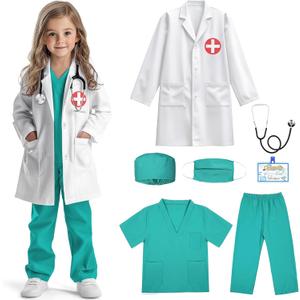 Doctor Costume for Kids Scrubs Real Stethoscope Lab Coat Halloween Costumes Career Day Costume For Boys Girls 7PCS (150/9-10Y, Green)