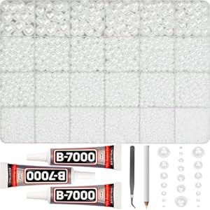 16500Pcs White Half Pearls Beads for Crafting, 2-10mm Mixed Sizes Flat Back Glue On Pearls Rhinestones Gems with B7000 Glue for Crafts Bedazzling Shoes Clothes and More