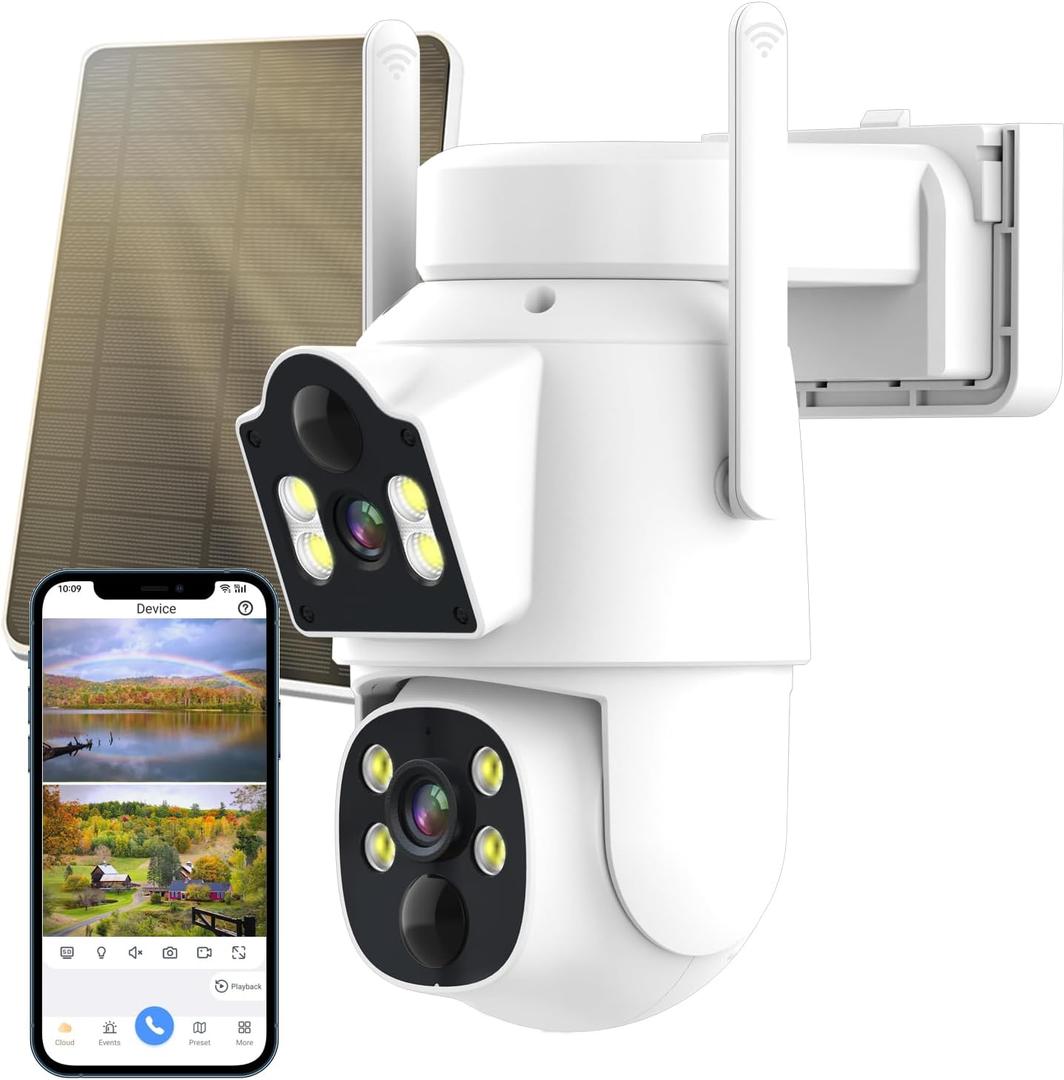 Solar Security Cameras Wireless Outdoor Dual Lens 4MP 2.4G&5G 360 PTZ,Solar Powered Wireless Home Security Camera,PIR Alarm Motion Detection,Color Night Vision,2-Way Audio,WiFi,IP66,No Subscription