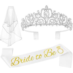 3 x JETKONG 3 Pcs Bachelorette Party Decorations Bridal Shower Crown, Bride to Be Sash&Veil for Women Bachelorette Party Gifts, Bachelorette Party Supplies, Gifts, Favors (Silver)