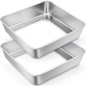 TeamFar 9 Inch Square Cake Pan Set of 2, Stainless Steel Square Baking Pan for Lasagna Cake Brownie, Healthy & Heavy Duty, Dishwasher Safe & Easy Clean, Deep Wall & Smooth Edge (Silver)