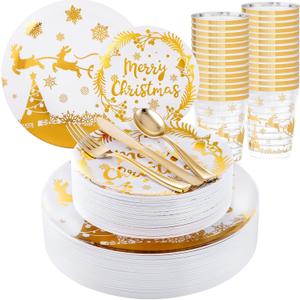 Supernal 150pcs Christmas Plates, Christmas Plastic Dinnerware include Gold Plastic Plates,Gold Disposable Silverware, Disposable Cups, Xmas Party Plate for 25 Guests