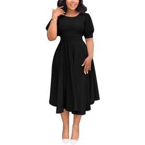 Summer Dresses for Women Semi-Formal Fit Casual Slim Short Puff Sleeve O-Neck Elegant Swing A Line Maxi Dresses (516-black, Large)