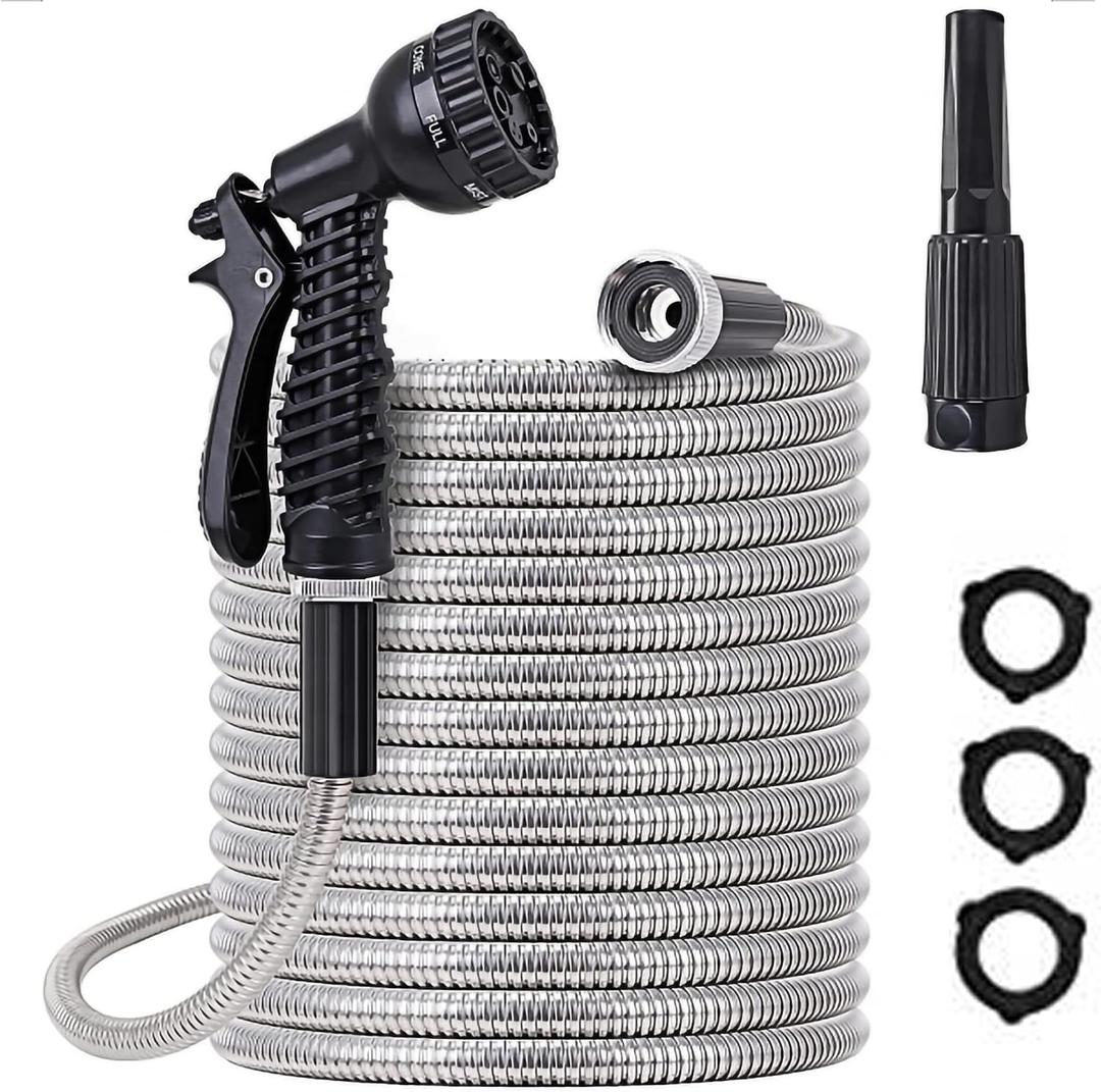 304 Stainless Steel Metal Garden Hose 50ft with Female to Male Connector,Heavy Duty Hose with Nozzles for Yard,Lightweight Metal Garden Hoses