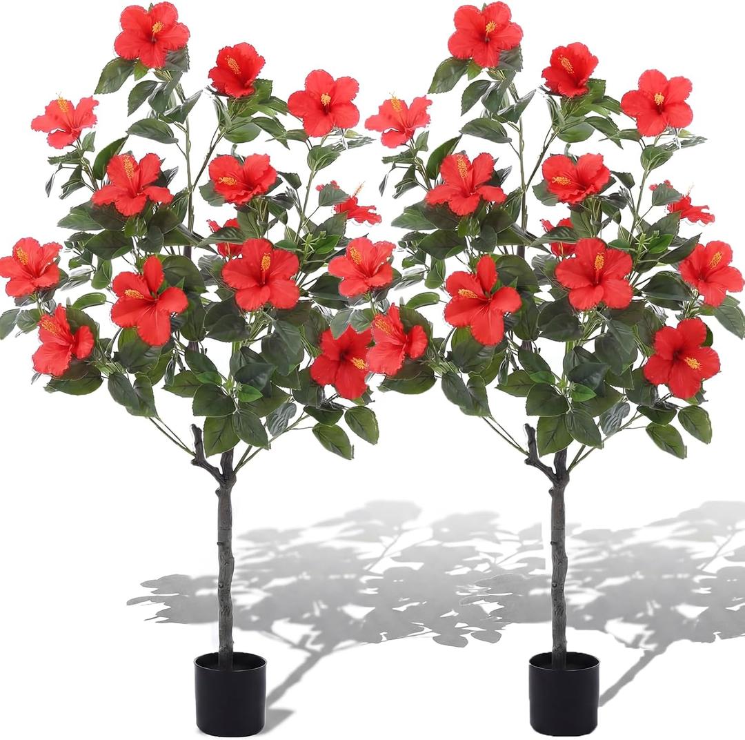 Giegxin 2 Pack 4 ft Artificial Hibiscus Tree Fake with 14 Flowers Hibiscus Tree with Base Silk Faux Flowers Realistic Plant for Front Porch Patio Office Indoor Outdoor Wedding Decor (Red)