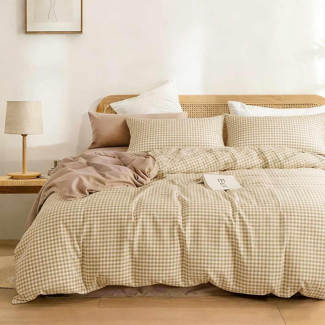 ETDIFFE King Size Tan Grid Duvet Cover, 3 Piece Farmhouse Buffalo Check Gingham Geometric Pattern Printed Microfiber Comforter Cover Set, Taupe Soft and Lightweight Plaid Bedding Quilt Cover