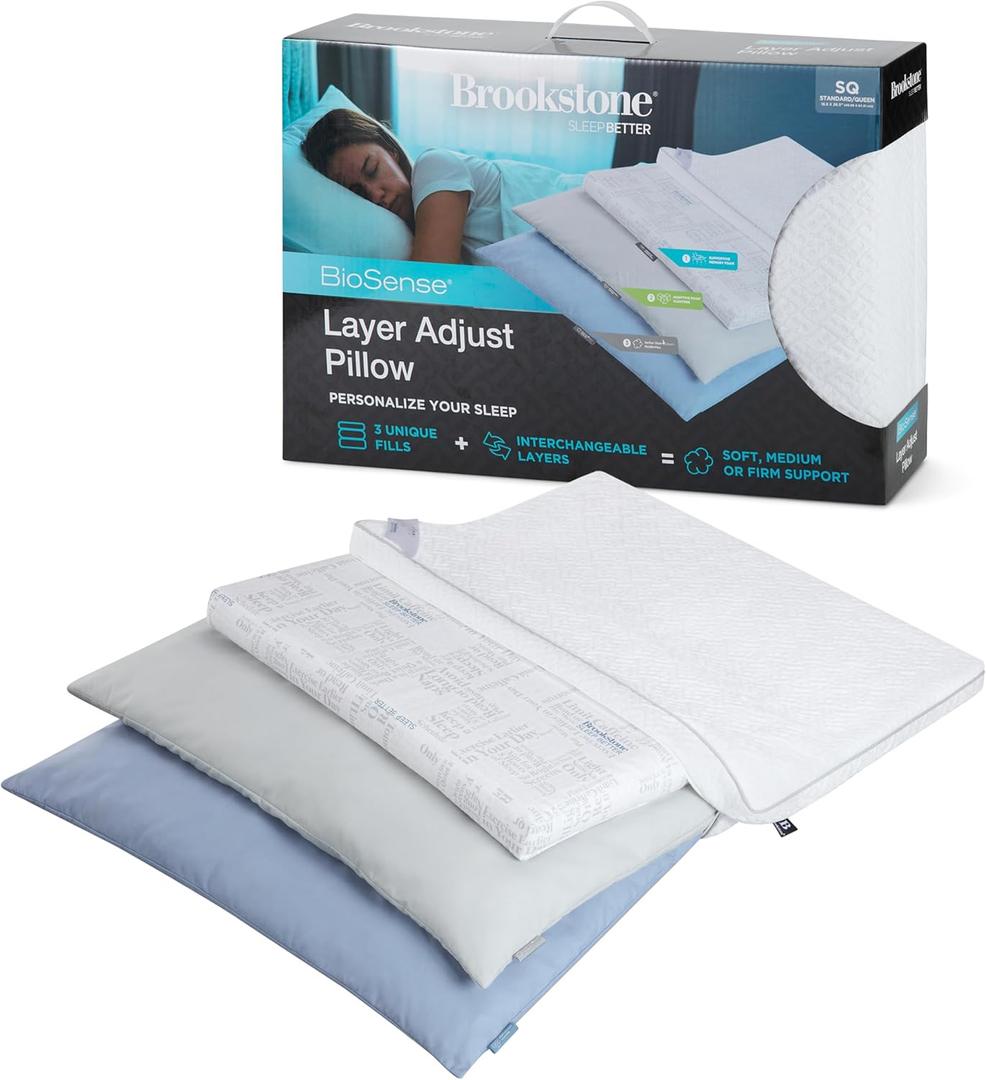 Brookstone Layer Adjustable Pillow | L Shape Zipper Allows 3 Adjustable Layers of Foam Clusters for Firm, Medium or Soft Pillow for Sleeping | 15 Combinations of Layers for Desired Support & Comfort