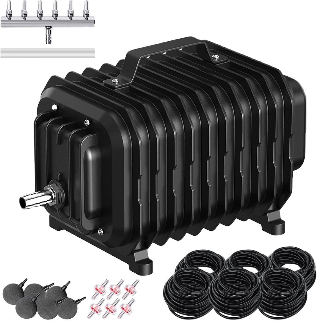 Pond Aerators for Outdoor Ponds, Air Pump for Pond up to 3500 Gallons, Complete Koi Fish Pond Aeration Kit, Oxygenation Bubbler Pump with Air Stones Airline Tubing Check Valves Black 6"L x 3.7"W x 4.3"H