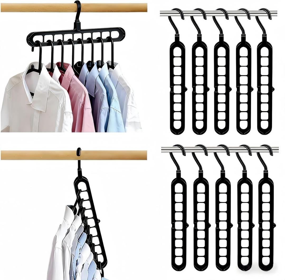 10pcs 9-Hook Rotating Hanger Organizer, 20lb Heavy Duty Space Saving Closet Organizer for Dorm Room & Apartment, 360° Swivel Hanger Holder Compatible with Plastic Black Hangers