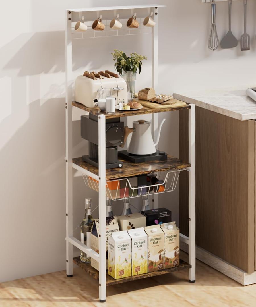 Ansionsol 4 Tier Coffee Bar Station, Corner Bakers Rack with 5 Hooks & Wire Basket, Coffee Maker Stand for Small Space, Kitchen Storage Shelf for Entryway, Living Room, Caf, White, 16.5"x13"x47.8"