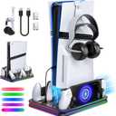 FYOUNG All in One Cooling Stand & Charger Station for PS5/Slim/Pro Console and Controller Charing Dock, Charging Stand for PlayStation Portal, Headset and Remote Holder with RGB Light Stand (Black)