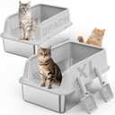 2PACK Stainless Steel Litter Box, Extra Large Litter Boxes for Big Cats, XL Metal Cat Litter Box with Lid High Sides, Anti-Urine Leakage, Non-Sticky, Scoop Included (Silver Grey)