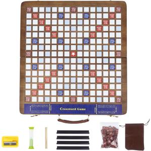 Wooden Folding Crossword Board Game  Word Game Set with 100 Letter Tiles, Sand Timer, Pencil, Racks & Bag  Portable Wooden Game for Adults & Family
