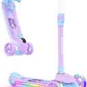 BELEEV A9 Kids Scooter with LED Light-Up Wheels & Deck, 3 Wheel Folding Scooter for Toddlers Girls Boys Ages 3-12, Adjustable Handlebar, Lean to Steer, Extra-Wide Wheels, Kick Scooter for Children (Purple)
