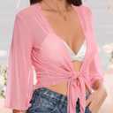 Women's Short Cardigan Bolero Shrug Sheer Tie Front Top 3/4 Sleeve Jacket for Dress 2026 (Pink, M)